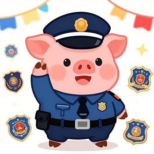 Cute cartoon pig in police uniform with blue hat, dark blue shirt, and black tie, saluting with badges and colorful flags in background. Digital