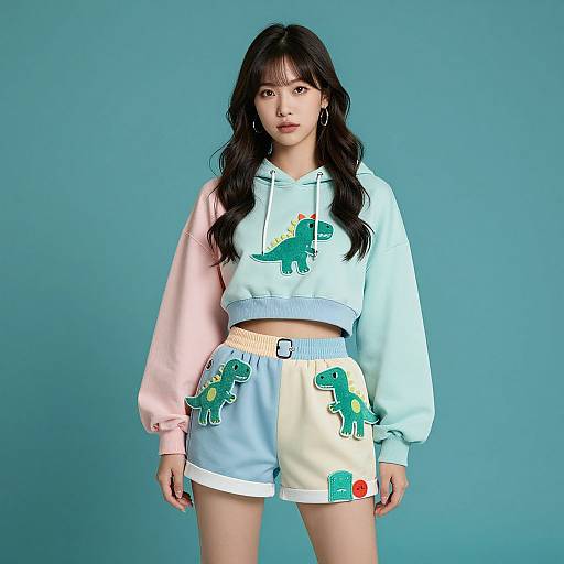 Asian woman with long black hair, wearing pastel-colored dinosaur hoodie and shorts, standing against teal background, photograph, casual style.