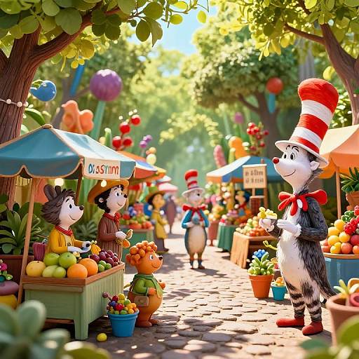 Bright, colorful CGI scene of a lively market with Dr. Seuss characters, including the Cat in the Hat, selling fruits under umbrellas. Sun