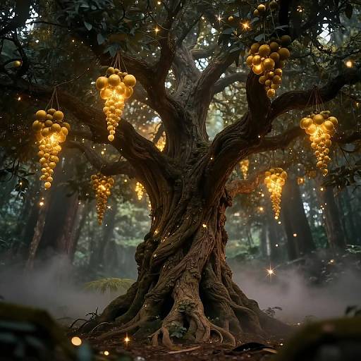 Fantastical forest scene photograph of a massive, enchanted tree with glowing, golden fruit hanging from twisted branches, surrounded by mist and twinkling fairy lights