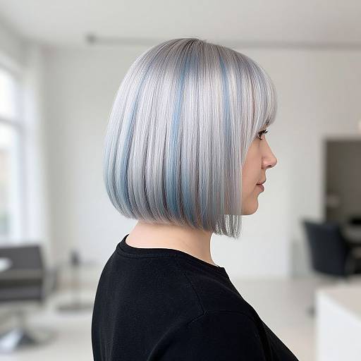 Photograph of a woman with a sleek, silver bob haircut, wearing a black top, in a bright, modern indoor setting.