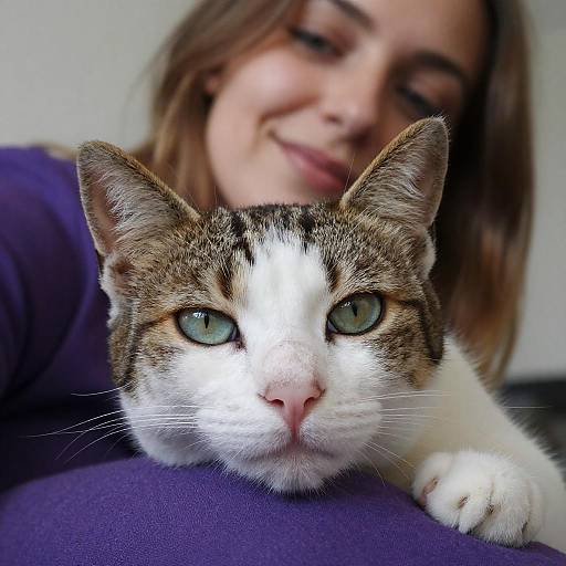 Tabby Cat Resting on Purple Pillow with Smiling Woman