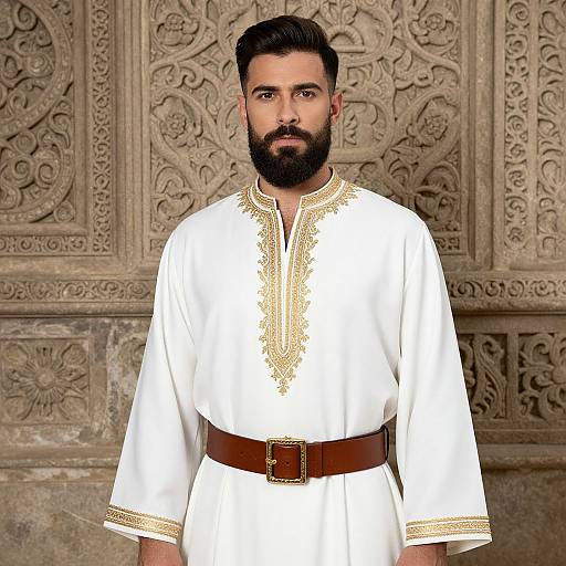 Photorealistic image of a bearded man with dark hair, wearing a white traditional shirt with gold embroidery and a brown belt, standing against an intric