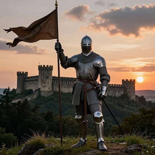Photograph of a medieval knight in silver armor, holding a flag, standing on a grassy hill at sunset, with a castle in the background.
