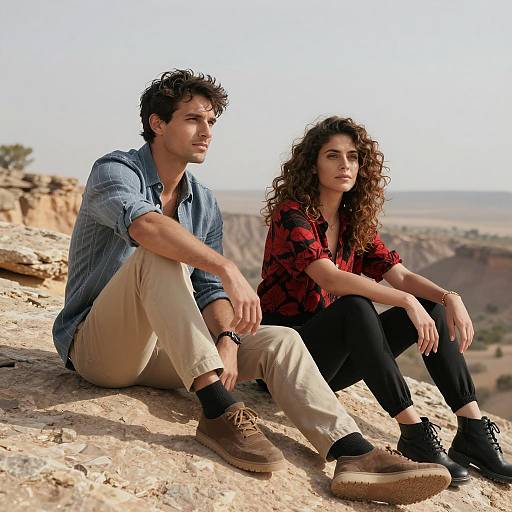 Couple Relaxing on a Rocky Cliff