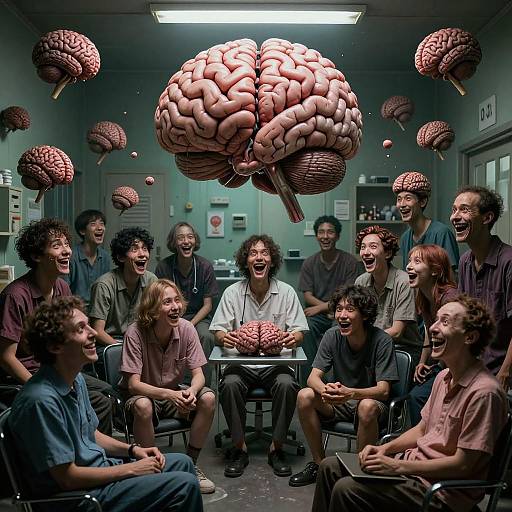 Photograph of laughing group in laboratory, surrounded by floating, oversized pink brains, with a central figure holding a brain-shaped bowl. Bright fluorescent lights,