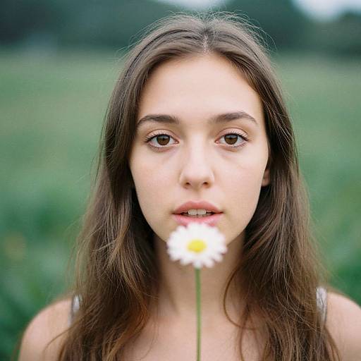 Photograph of a young woman with long brown hair, holding a white daisy in front of her face, soft focus green field background.