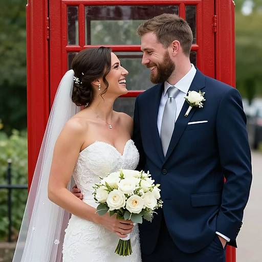 Photograph of a smiling bride in a white, strapless lace dress and veil, holding a bouquet, and a bearded groom in a dark suit