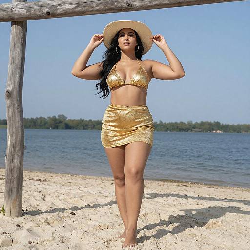 Curvy Woman in Gold Bikini on Beach