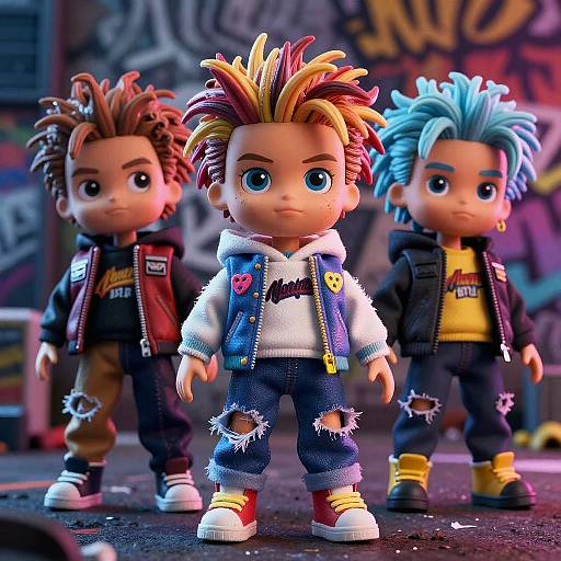 Photograph of three stylized, colorful, anime-style dolls with spiked hair, urban clothing, and expressive faces, standing in a graffiti-laden background