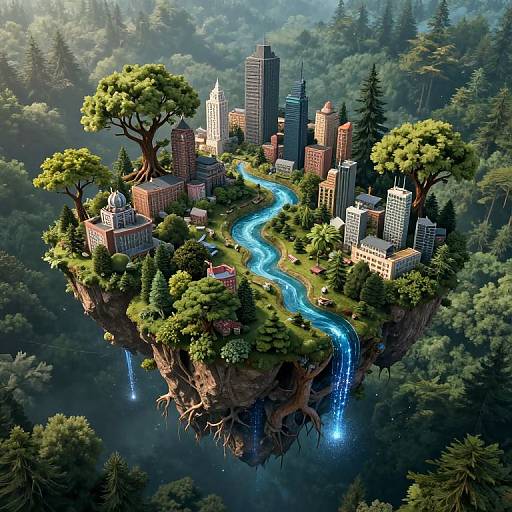 Digital artwork of a futuristic, forest-covered floating island city with tall skyscrapers, winding blue rivers, and lush trees, surrounded by dense, mist