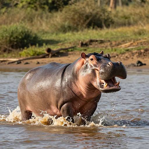 Photograph of a large, glossy, dark brown hippo splashing in shallow water, mouth open, with green forest and grassy shore in the