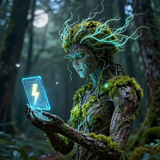 Digital artwork of a moss-covered, tree-like elf with glowing blue antlers, holding a neon blue tablet with a lightning symbol in a dark, enchanted