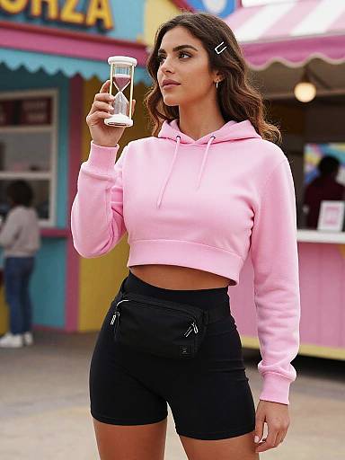 Photograph of a confident young woman with wavy brown hair, wearing a pink hoodie and black shorts, holding a clear cup, standing in front of