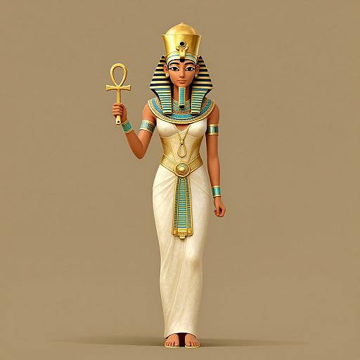 Digital CGI of an ancient Egyptian woman with dark skin, striped headpiece, white dress, gold accessories, holding an ankh, against beige background.