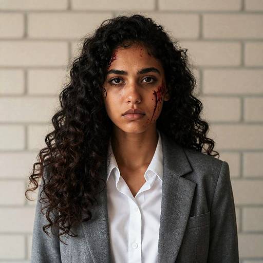 Somber Woman in Gray Suit with Blood