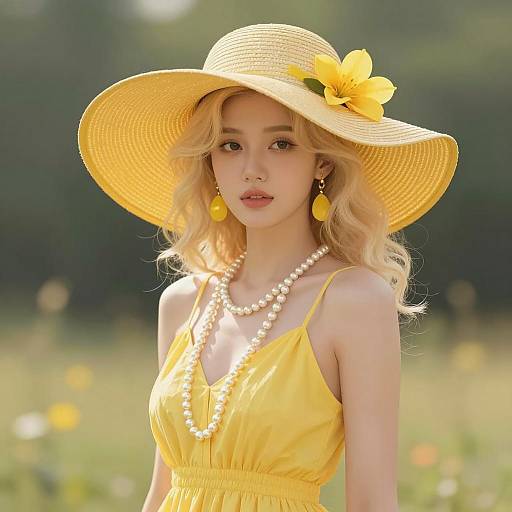 Blonde Woman in Yellow Sunhat and Dress