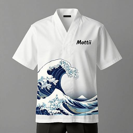 Photograph of a white short-sleeve polo shirt with a blue Hokusai-style wave design and the name 