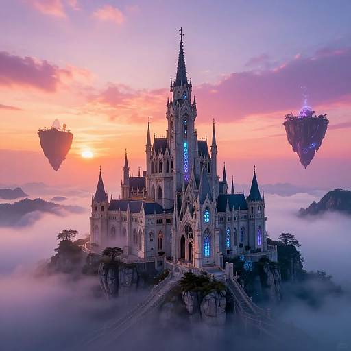 Mystical Gothic Castle in Sunset Mist