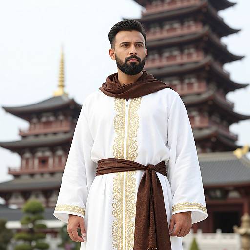 Man in traditional embroidered robe in front of pagoda