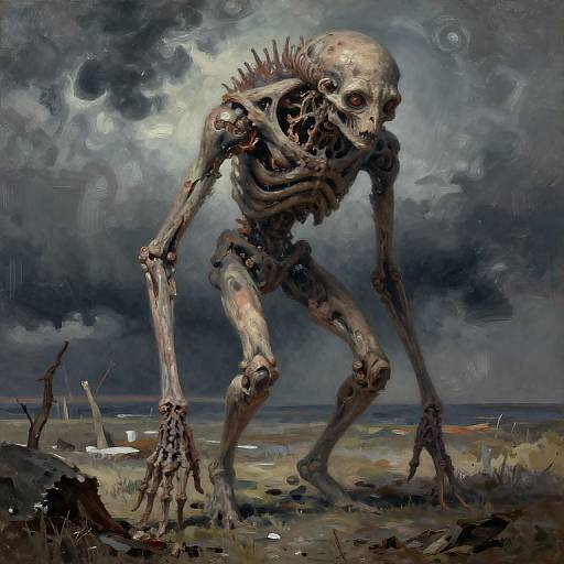 Digital painting of a skeletal, humanoid creature with elongated limbs and spines, crouching in a desolate, stormy landscape. Dark,