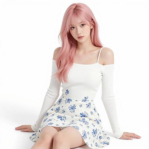 Photograph of a young Asian woman with long pink hair, wearing an off-shoulder white top and white floral skirt, sitting against a white background