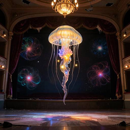 Gilded Bioluminescent Jellyfish Above Opera Stage