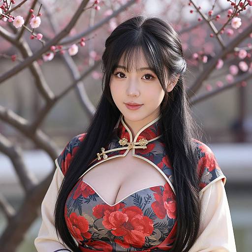Photograph of an Asian woman with long black hair, wearing a floral red and black cheongsam with gold buttons, standing in front of blooming