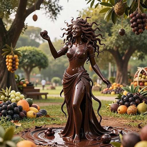 Photorealistic digital artwork of a dark bronze, wavy-haired goddess statue in a fruit-filled orchard, standing in a water puddle, surrounded