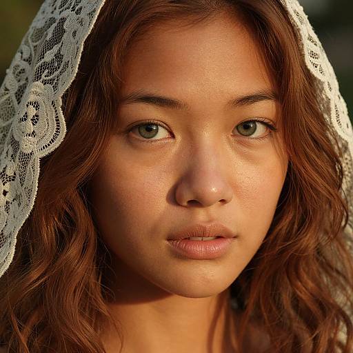 Close-up photograph of a young Asian woman with light brown skin, green eyes, and wavy brown hair, wearing a white lace headscarf,