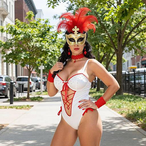 Photograph of a curvy woman with tan skin, black hair, wearing a white lace bodysuit, red feathered mask, and red accessories