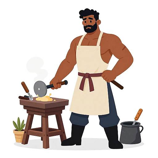 Muscular Blacksmith in Apron Working at Anvil
