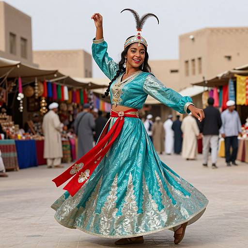 Photograph of a smiling South Asian woman in a turquoise, silver-embroidered traditional dress with red sash and black feathered headpiece,