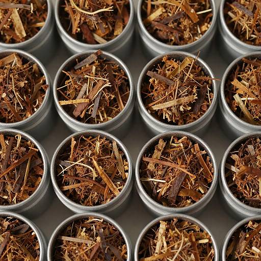 Close-up of Metallic Containers Filled with Shredded Tobacco