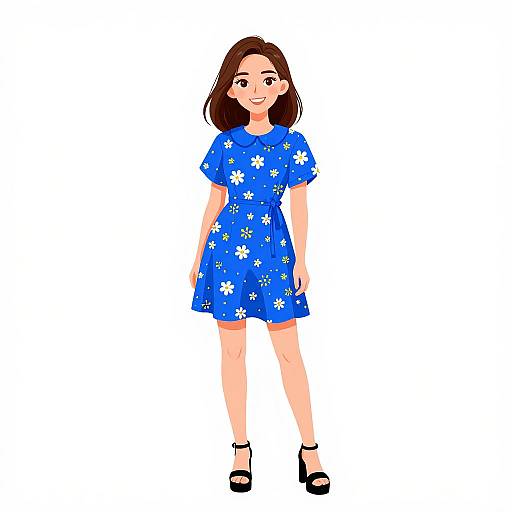 Digital cartoon illustration of a smiling woman with medium-length brown hair, wearing a blue floral dress and black high heels.