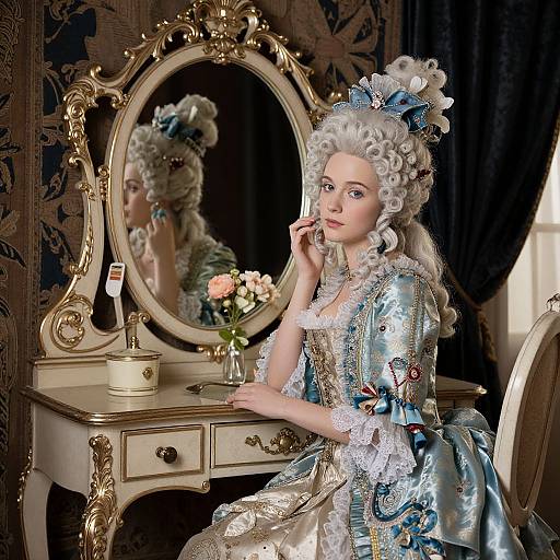 Photograph of an elegant, white-haired woman in a blue, lace-trimmed Rococo dress, sitting at an ornate, gold-framed