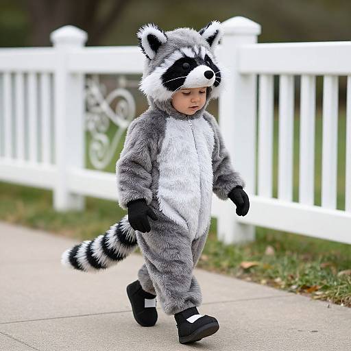 Photograph of a young child in a gray and white raccoon costume, with black gloves and shoes, walking on a sidewalk beside a white picket