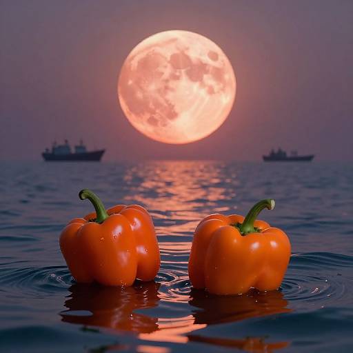 Photograph of two bright orange bell peppers floating in calm water at sunset, with a large, glowing full moon and silhouetted boats in the