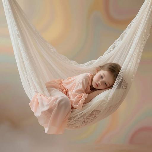 Photograph of a young girl with light brown hair, wearing a peach dress, sleeping in a white lace hammock against a pastel rainbow background.
