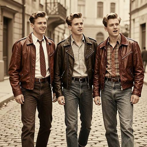 Photograph of three young men with brown leather jackets, white shirts, and neckties, walking down a cobblestone street in a European-style alley