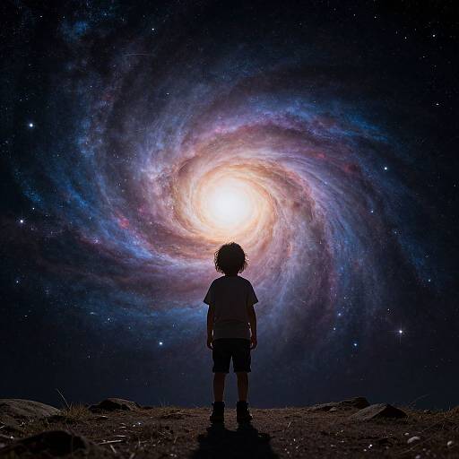 Silhouetted child stands in awe, facing a radiant, colorful spiral galaxy in a star-studded night sky, surrounded by rocky terrain. Digital