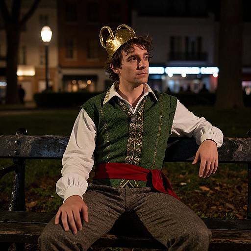 Photograph of a young man with curly brown hair, wearing a gold crown, green vest, white shirt, brown pants, and red sash,
