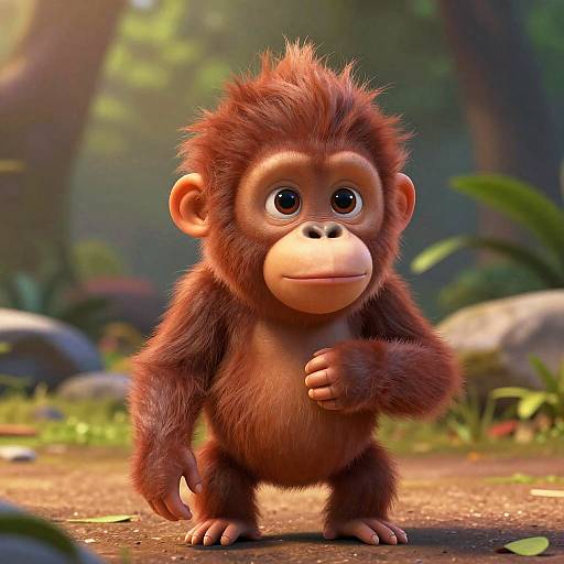 CGI image of a cute, young, brown-furred monkey with large, expressive eyes, standing on forest floor, sunlight filtering through trees.