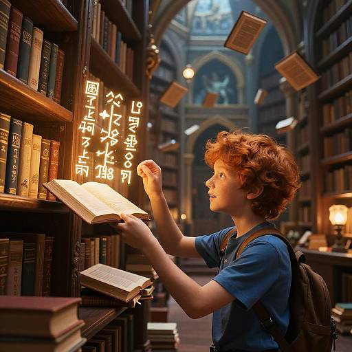 Red-Haired Boy in Enchanted Library