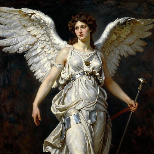 Classical painting of a fair-skinned angel with curly brown hair, white feathered wings, and a silver, draped gown, holding a staff,