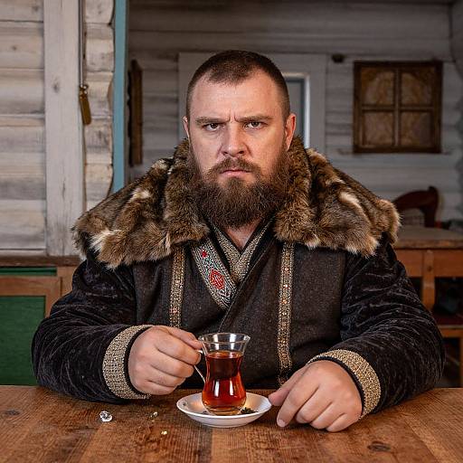 Bearded man with serious expression, wearing fur-trimmed medieval-style cloak, holding glass of dark liquid, sitting at rustic wooden table.