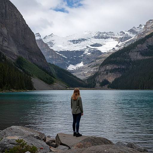 Photograph of a woman with long blonde hair standing on rocky shore, facing a serene mountain lake with snow-capped peaks under a cloudy sky.