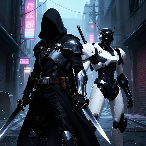 Cyberpunk alleyway: Shadowed, armored human with dual swords faces glowing white robot. Neon signs illuminate misty, narrow street. Digital art