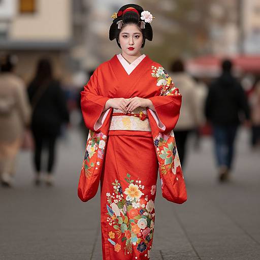 Photograph of an East Asian woman in a vibrant red floral kimono, standing in a bustling urban street, with blurred pedestrians in the background. She
