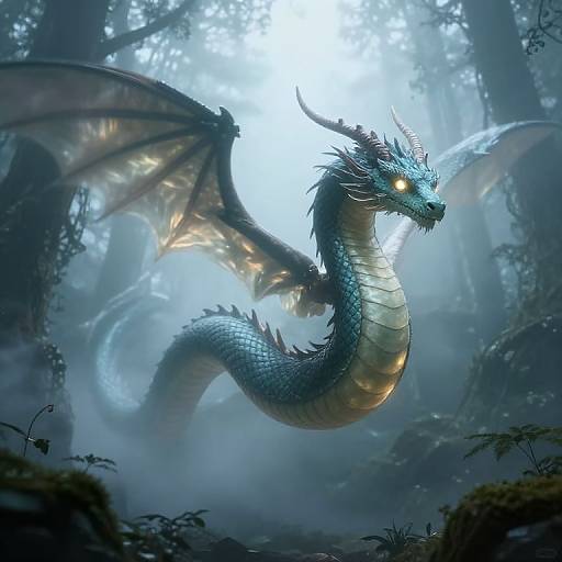 Digital art of a glowing blue dragon with large wings, sharp spikes, and fierce orange eyes, soaring through a mystical, misty forest.